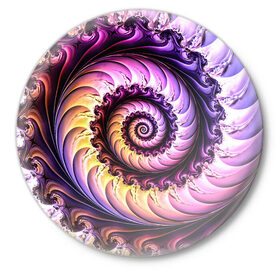 Значок с принтом Спираль улитки в Тюмени,  металл | круглая форма, металлическая застежка в виде булавки | волна | волны | желтый | раковина улитки | розовый | синий | спираль | улитка | фиолетовый