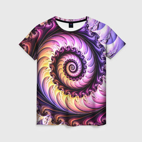 Женская футболка 3D с принтом Спираль улитки в Тюмени, 100% полиэфир ( синтетическое хлопкоподобное полотно) | прямой крой, круглый вырез горловины, длина до линии бедер | волна | волны | желтый | раковина улитки | розовый | синий | спираль | улитка | фиолетовый