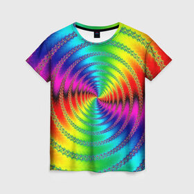 Женская футболка 3D с принтом Цветной гипноз в Тюмени, 100% полиэфир ( синтетическое хлопкоподобное полотно) | прямой крой, круглый вырез горловины, длина до линии бедер | насыщенные цвета | радуга | спираль | цвет | цвета | яркие цвета | ярко