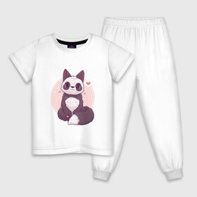 Детская пижама хлопок с принтом Лисья панда в Тюмени, 100% хлопок |  брюки и футболка прямого кроя, без карманов, на брюках мягкая резинка на поясе и по низу штанин
 | арт | белый | лиса | любовь | мило | милота | мимишка | панда | рисунок | сердце | чёрно белый | чёрный