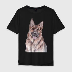 Мужская футболка хлопок Oversize с принтом Овчарка в Тюмени, 100% хлопок | свободный крой, круглый ворот, “спинка” длиннее передней части | акварель | животные | звери | краски | овчарка | песокафе | питомцы | рисунок | собаки