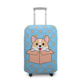 Чехол для чемодана 3D с принтом КОРГИ в Тюмени, 86% полиэфир, 14% спандекс | двустороннее нанесение принта, прорези для ручек и колес | dog | dogs | весёлые собачки | еда | корги | корги с пиццей | косточка | кость | милые собачки | пицца | прикольные собачки | собаки | собачки