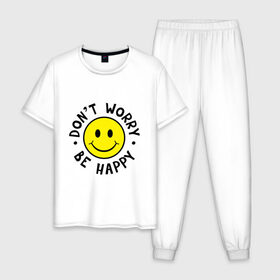 Мужская пижама хлопок с принтом DONT WORRY BE HAPPY в Тюмени, 100% хлопок | брюки и футболка прямого кроя, без карманов, на брюках мягкая резинка на поясе и по низу штанин
 | Тематика изображения на принте: bob marley | dont worry | face | happy | jamayka | music | smile | боб марли | веселье | музыка | не парься | смайлик | счастье | цитаты
