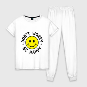 Женская пижама хлопок с принтом DONT WORRY BE HAPPY в Тюмени, 100% хлопок | брюки и футболка прямого кроя, без карманов, на брюках мягкая резинка на поясе и по низу штанин | bob marley | dont worry | face | happy | jamayka | music | smile | боб марли | веселье | музыка | не парься | смайлик | счастье | цитаты