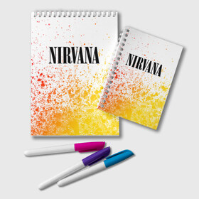 Блокнот с принтом NIRVANA НИРВАНА в Тюмени, 100% бумага | 48 листов, плотность листов — 60 г/м2, плотность картонной обложки — 250 г/м2. Листы скреплены удобной пружинной спиралью. Цвет линий — светло-серый
 | band | cobain | face | kurt | logo | music | nirvana | rock | rocknroll | группа | кобейн | курт | лого | логотип | музыка | музыкальная | нирвана | рожица | рок | рокнролл | символ