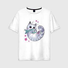 Женская футболка хлопок Oversize с принтом Котик с рыбкой в Тюмени, 100% хлопок | свободный крой, круглый ворот, спущенный рукав, длина до линии бедер
 | игрушка | кот | котёнок | котик | рыба | рыбка | цветочки | цветы