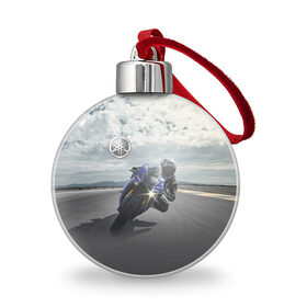Ёлочный шар с принтом Yamaha в Тюмени, Пластик | Диаметр: 77 мм | Тематика изображения на принте: clouds | helmet | motorcycle | racer | road | route | sky | speed | yamaha | гонщик | дорога | мотоцикл | небо | облака | скорость | трасса | шлем