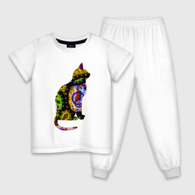 Детская пижама хлопок с принтом кошка 1 в Тюмени, 100% хлопок |  брюки и футболка прямого кроя, без карманов, на брюках мягкая резинка на поясе и по низу штанин
 | желтый | зеленый | кошка | красный | необычная | разноцветная