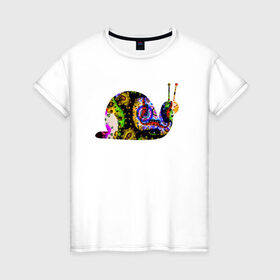 Женская футболка хлопок с принтом улитка в Тюмени, 100% хлопок | прямой крой, круглый вырез горловины, длина до линии бедер, слегка спущенное плечо | желтый | красный | разноцветная | синий | сиреневый | улитка
