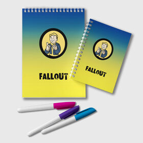 Блокнот с принтом Fallout/Фоллаут в Тюмени, 100% бумага | 48 листов, плотность листов — 60 г/м2, плотность картонной обложки — 250 г/м2. Листы скреплены удобной пружинной спиралью. Цвет линий — светло-серый
 | Тематика изображения на принте: boy | fallout | new vegas | nuka cola | апокалипсис | бандиты | вегас | война | градиент | девочкам | детям | игра | логотипы игр | мальчикам | оружие | парни | пистолеты | подростковые | постапокалипсис | убежище