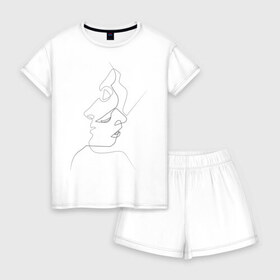 Женская пижама с шортиками хлопок с принтом Минималистические лица в Тюмени, 100% хлопок | футболка прямого кроя, шорты свободные с широкой мягкой резинкой | двое | лица | минимализм | минималистические лица | пара | тонкие линии