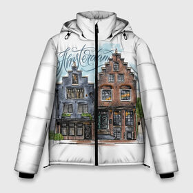 Мужская зимняя куртка 3D с принтом Амстердам в Тюмени, верх — 100% полиэстер; подкладка — 100% полиэстер; утеплитель — 100% полиэстер | длина ниже бедра, свободный силуэт Оверсайз. Есть воротник-стойка, отстегивающийся капюшон и ветрозащитная планка. 

Боковые карманы с листочкой на кнопках и внутренний карман на молнии. | амстердам | голландия | город | домики | европа | леттеринг | надпись | нидерланды | окна | путешествие | скетч