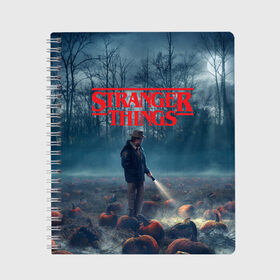 Тетрадь с принтом Stranger Things в Тюмени, 100% бумага | 48 листов, плотность листов — 60 г/м2, плотность картонной обложки — 250 г/м2. Листы скреплены сбоку удобной пружинной спиралью. Уголки страниц и обложки скругленные. Цвет линий — светло-серый
 | 11 | demogorgon | dustin | eleven | jim hopper | lucas | mike | nancy | netflix | steve | will | билли | дастин | демогоргон | джойс | джонатан | дина | загадочные события | лукас | майк | макс | нетфликс | нэнси | оди | одиннадцать