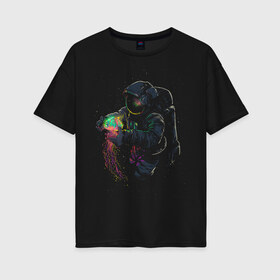 Женская футболка хлопок Oversize с принтом Глубокий космос в Тюмени, 100% хлопок | свободный крой, круглый ворот, спущенный рукав, длина до линии бедер
 | астронавт | звезды. луна | космонавт | космос | медуза | планеты