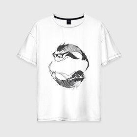 Женская футболка хлопок Oversize с принтом Карпы кои в очках в Тюмени, 100% хлопок | свободный крой, круглый ворот, спущенный рукав, длина до линии бедер
 | азия | карп кои | карпы кои | карпы кои в очках | крутая рыба | рыба | рыба в очках