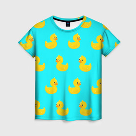 Женская футболка 3D с принтом Уточки в Тюмени, 100% полиэфир ( синтетическое хлопкоподобное полотно) | прямой крой, круглый вырез горловины, длина до линии бедер | 3d | ducks | голубая | желтая | зд | утки | уточки
