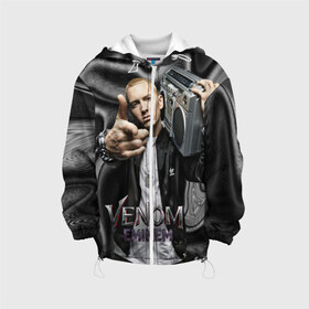 Детская куртка 3D с принтом Eminem-Venom в Тюмени, 100% полиэстер | застежка — молния, подол и капюшон оформлены резинкой с фиксаторами, по бокам — два кармана без застежек, один потайной карман на груди, плотность верхнего слоя — 90 г/м2; плотность флисового подклада — 260 г/м2 | Тематика изображения на принте: eminem | rap | venom eminem | рэп | хип хоп | эминем