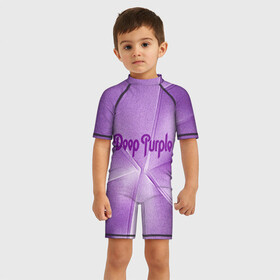 Детский купальный костюм 3D с принтом Deep Purple в Тюмени, Полиэстер 85%, Спандекс 15% | застежка на молнии на спине | deep | logo | purple | rock | whoosh | группа | знаменитости | лого | надпись | рок | текст