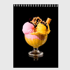 Скетчбук с принтом Мороженое в Тюмени, 100% бумага
 | 48 листов, плотность листов — 100 г/м2, плотность картонной обложки — 250 г/м2. Листы скреплены сверху удобной пружинной спиралью | мороженое | сладости | стакан | чёрный | шоколад
