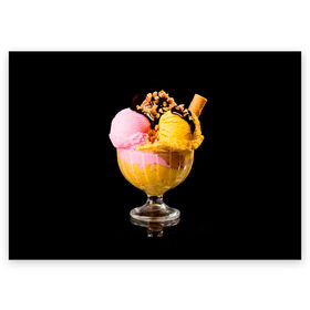 Поздравительная открытка с принтом Мороженое в Тюмени, 100% бумага | плотность бумаги 280 г/м2, матовая, на обратной стороне линовка и место для марки
 | мороженое | сладости | стакан | чёрный | шоколад