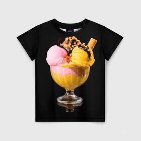 Детская футболка 3D с принтом Мороженое в Тюмени, 100% гипоаллергенный полиэфир | прямой крой, круглый вырез горловины, длина до линии бедер, чуть спущенное плечо, ткань немного тянется | мороженое | сладости | стакан | чёрный | шоколад