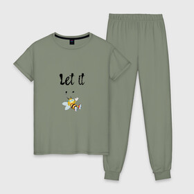 Женская пижама хлопок с принтом Let it bee в Тюмени, 100% хлопок | брюки и футболка прямого кроя, без карманов, на брюках мягкая резинка на поясе и по низу штанин | bee | let it be | let it bee | битлз | пчела