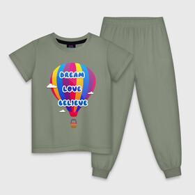 Детская пижама хлопок с принтом Воздушный шар в Тюмени, 100% хлопок |  брюки и футболка прямого кроя, без карманов, на брюках мягкая резинка на поясе и по низу штанин
 | believe | dream | love | вектор | воздушный шар | облака | разноцветный | синий шрифт