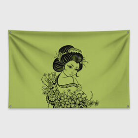 Флаг-баннер с принтом Geisha 23 в Тюмени, 100% полиэстер | размер 67 х 109 см, плотность ткани — 95 г/м2; по краям флага есть четыре люверса для крепления | девушка | сакура | цветы | япония