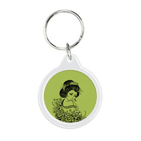 Брелок круглый с принтом Geisha 23 в Тюмени, пластик и полированная сталь | круглая форма, металлическое крепление в виде кольца | девушка | сакура | цветы | япония