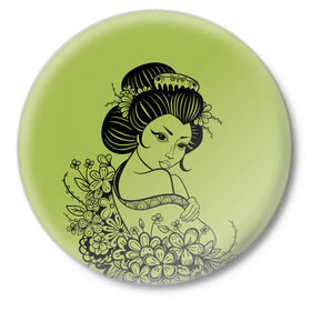Значок с принтом Geisha 23 в Тюмени,  металл | круглая форма, металлическая застежка в виде булавки | девушка | сакура | цветы | япония