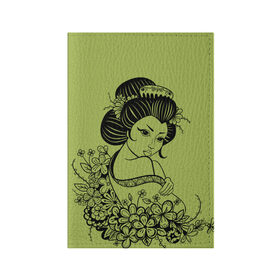 Обложка для паспорта матовая кожа с принтом Geisha 23 в Тюмени, натуральная матовая кожа | размер 19,3 х 13,7 см; прозрачные пластиковые крепления | девушка | сакура | цветы | япония