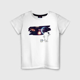 Детская футболка хлопок с принтом Котик рисует космос в Тюмени, 100% хлопок | круглый вырез горловины, полуприлегающий силуэт, длина до линии бедер | cat | cosmos | space | stars | universe | звезды | кисть | космос | кот | котейка | котик | котэ | кошка | краска | метеорит | планеты