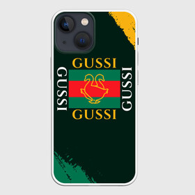 Чехол для iPhone 13 mini с принтом GUSSI   ГУСИ в Тюмени,  |  | anti | antibrand | brand | fashion | gucci | gusi | gussi | logo | meme | memes | анти | антибренд | бренд | гуси | гуччи | забавные | лого | логотип | мем | мемы | мода | прикол | приколы | прикольные | символ