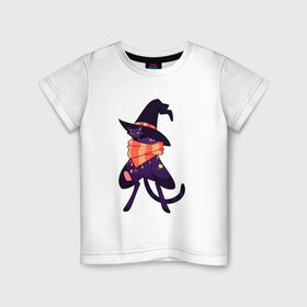 Детская футболка хлопок с принтом Хэллоунский кот маг в Тюмени, 100% хлопок | круглый вырез горловины, полуприлегающий силуэт, длина до линии бедер | Тематика изображения на принте: волшебство | звезды | кот | маг | магия | осень | хэллоуин | хэловин | шарф | шляпа