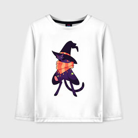 Детский лонгслив хлопок с принтом Хэллоунский кот маг в Тюмени, 100% хлопок | круглый вырез горловины, полуприлегающий силуэт, длина до линии бедер | Тематика изображения на принте: волшебство | звезды | кот | маг | магия | осень | хэллоуин | хэловин | шарф | шляпа