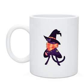 Кружка с принтом Хэллоунский кот маг в Тюмени, керамика | объем — 330 мл, диаметр — 80 мм. Принт наносится на бока кружки, можно сделать два разных изображения | Тематика изображения на принте: волшебство | звезды | кот | маг | магия | осень | хэллоуин | хэловин | шарф | шляпа