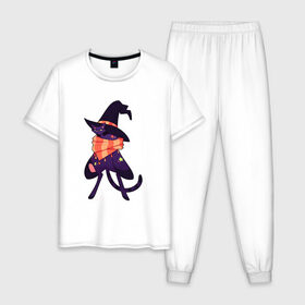 Мужская пижама хлопок с принтом Хэллоунский кот маг в Тюмени, 100% хлопок | брюки и футболка прямого кроя, без карманов, на брюках мягкая резинка на поясе и по низу штанин
 | волшебство | звезды | кот | маг | магия | осень | хэллоуин | хэловин | шарф | шляпа