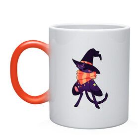 Кружка хамелеон с принтом Хэллоунский кот маг в Тюмени, керамика | меняет цвет при нагревании, емкость 330 мл | Тематика изображения на принте: волшебство | звезды | кот | маг | магия | осень | хэллоуин | хэловин | шарф | шляпа