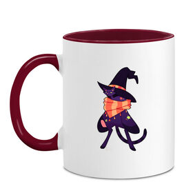 Кружка двухцветная с принтом Хэллоунский кот маг в Тюмени, керамика | объем — 330 мл, диаметр — 80 мм. Цветная ручка и кайма сверху, в некоторых цветах — вся внутренняя часть | Тематика изображения на принте: волшебство | звезды | кот | маг | магия | осень | хэллоуин | хэловин | шарф | шляпа