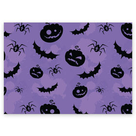 Поздравительная открытка с принтом Фиолетовый хэллоуин в Тюмени, 100% бумага | плотность бумаги 280 г/м2, матовая, на обратной стороне линовка и место для марки
 | арт | вектор | вырезанные лица | летучая мышь | летучие мыши | паук | пауки | рисунок | тыква | тыквы | фиолетовый | черный