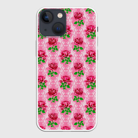 Чехол для iPhone 13 mini с принтом Декор из нежных роз в Тюмени,  |  | fashion | flower pattern | girl | pink | roses | винтаж | винтажные | девушкам | зелень | лепестки | лето | листья | марта | нежные | пастельные | паттерн | пионы | подарок | природа | растения | ретро | роза | розы | узор