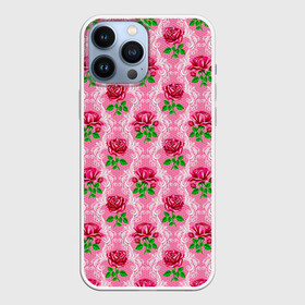 Чехол для iPhone 13 Pro Max с принтом Декор из нежных роз в Тюмени,  |  | fashion | flower pattern | girl | pink | roses | винтаж | винтажные | девушкам | зелень | лепестки | лето | листья | марта | нежные | пастельные | паттерн | пионы | подарок | природа | растения | ретро | роза | розы | узор