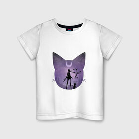 Детская футболка хлопок с принтом Лунный воен в Тюмени, 100% хлопок | круглый вырез горловины, полуприлегающий силуэт, длина до линии бедер | арт | девушка | кот | кошка | луна | нео королева серенити | ночь | перевёрнутая луна | рисунок | сейлор мун | силуэт | усаги цукино | фиолетовый