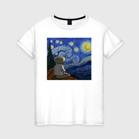 Женская футболка хлопок с принтом Винсент Вангог в Тюмени, 100% хлопок | прямой крой, круглый вырез горловины, длина до линии бедер, слегка спущенное плечо | арт | винсент вангог | дождь | ночь | романтика | художник