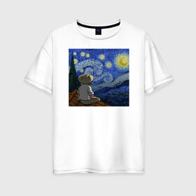Женская футболка хлопок Oversize с принтом Винсент Вангог в Тюмени, 100% хлопок | свободный крой, круглый ворот, спущенный рукав, длина до линии бедер
 | Тематика изображения на принте: арт | винсент вангог | дождь | ночь | романтика | художник