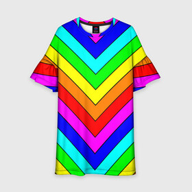 Детское платье 3D с принтом Rainbow Stripes в Тюмени, 100% полиэстер | прямой силуэт, чуть расширенный к низу. Круглая горловина, на рукавах — воланы | Тематика изображения на принте: geometry | gradient | neon | геометрические | градиент | детям | кислота | кислотный | конус | красочный | линии | неоновые | пирамида | полоска | полосы | радуга | радужный | разноцветные | сочный | треугольники