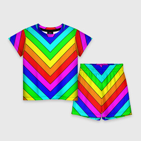 Детский костюм с шортами 3D с принтом Rainbow Stripes в Тюмени,  |  | Тематика изображения на принте: geometry | gradient | neon | геометрические | градиент | детям | кислота | кислотный | конус | красочный | линии | неоновые | пирамида | полоска | полосы | радуга | радужный | разноцветные | сочный | треугольники