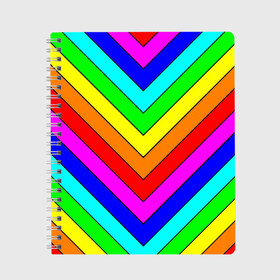 Тетрадь с принтом Rainbow Stripes в Тюмени, 100% бумага | 48 листов, плотность листов — 60 г/м2, плотность картонной обложки — 250 г/м2. Листы скреплены сбоку удобной пружинной спиралью. Уголки страниц и обложки скругленные. Цвет линий — светло-серый
 | Тематика изображения на принте: geometry | gradient | neon | геометрические | градиент | детям | кислота | кислотный | конус | красочный | линии | неоновые | пирамида | полоска | полосы | радуга | радужный | разноцветные | сочный | треугольники
