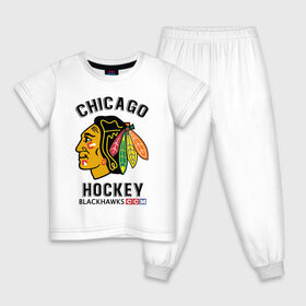 Детская пижама хлопок с принтом CHICAGO BLACKHAWKS NHL в Тюмени, 100% хлопок |  брюки и футболка прямого кроя, без карманов, на брюках мягкая резинка на поясе и по низу штанин
 | Тематика изображения на принте: blackhawks | ccm | chicago | hockey | nhl | sport | usa | блэкхоукс | индеец | нхл | спорт | сша | хоккей | чикаго