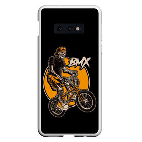 Чехол для Samsung S10E с принтом BMX в Тюмени, Силикон | Область печати: задняя сторона чехла, без боковых панелей | bicycle | bmx | skull | sport | x games | велик | велосипед | велоспорт | скелет | череп | экстремальный спорт